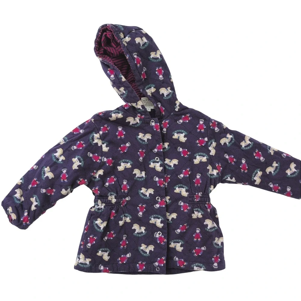 Vintage Laura Ashley Child Quilted Jacket Purple‎ Rocking Horse Girls Hood 2-2.5